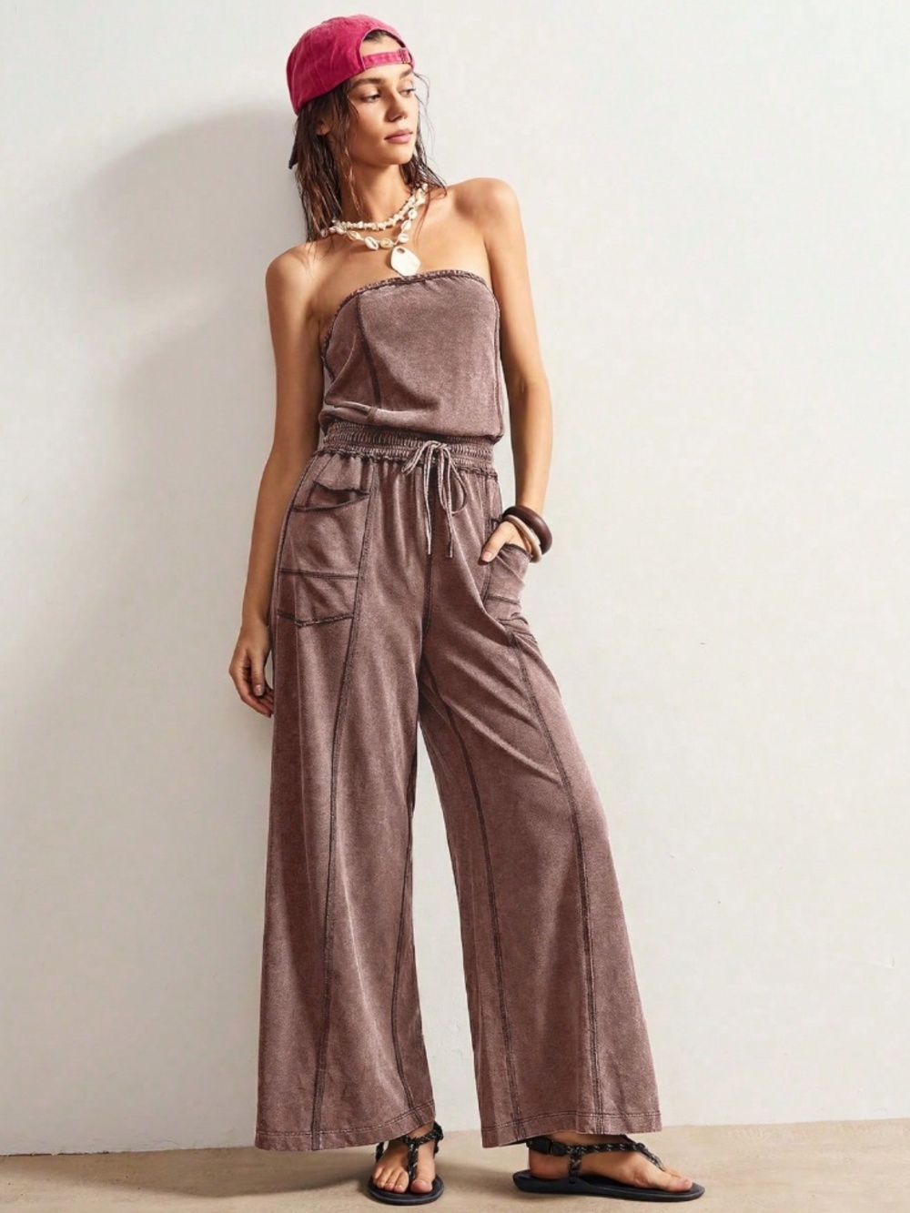 Strapless Brown Boho Wide Leg Jumpsuit with Pockets - Picture 3 of 8